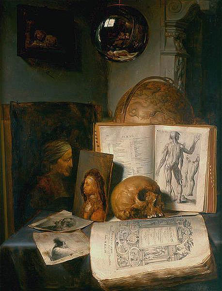 simon luttichuys Vanitas still life with skull, books, prints and paintings by Rembrandt and Jan Lievens, with a reflection of the painter at work